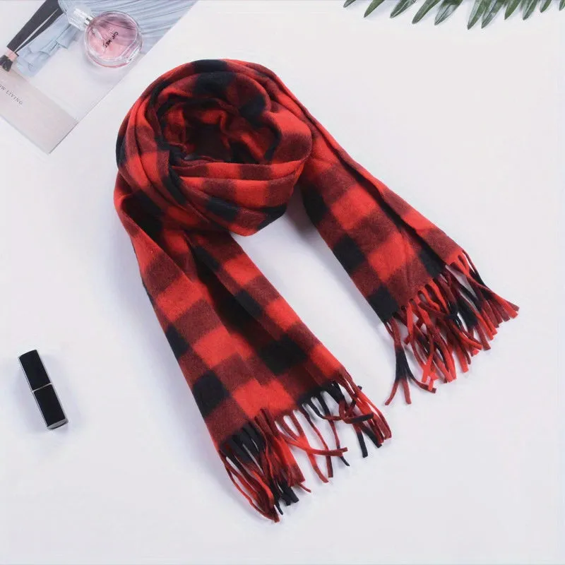 1pc British Plaid Couple Autumn And Winter Double-sided Fleece Neckwear, All-match Neckwear Tassel Plaid Warm Scarf For Men And Women