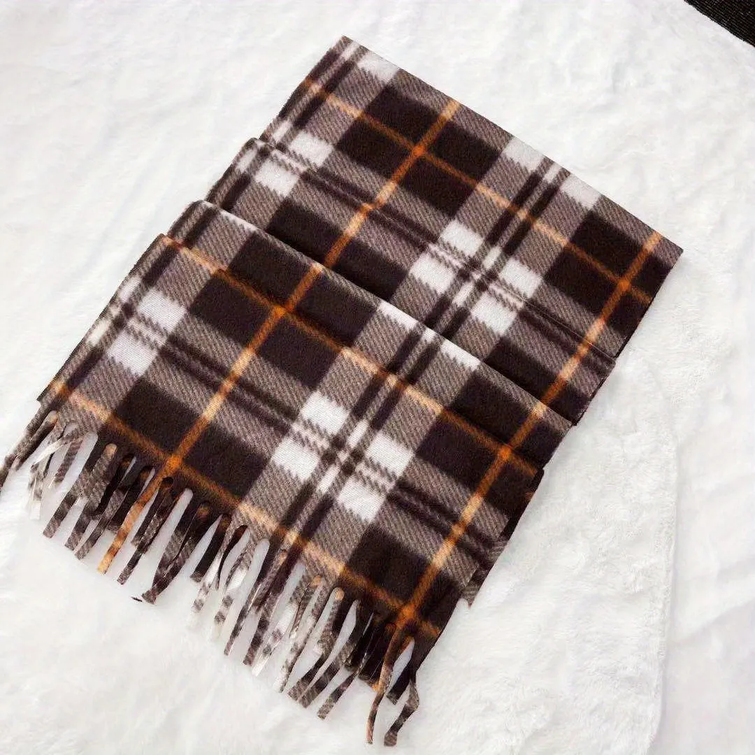 1pc British Plaid Couple Autumn And Winter Double-sided Fleece Neckwear, All-match Neckwear Tassel Plaid Warm Scarf For Men And Women