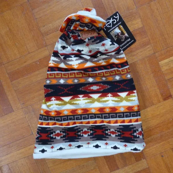 Beanie Style Reversible Neckwarmer Hat- Aztec/Cream