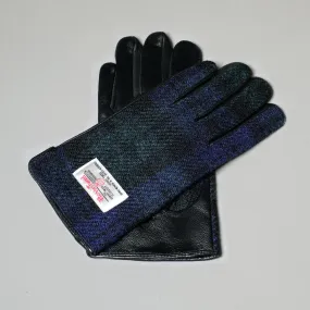 Black Watch Harris Tweed and Black Leather Womens Gloves