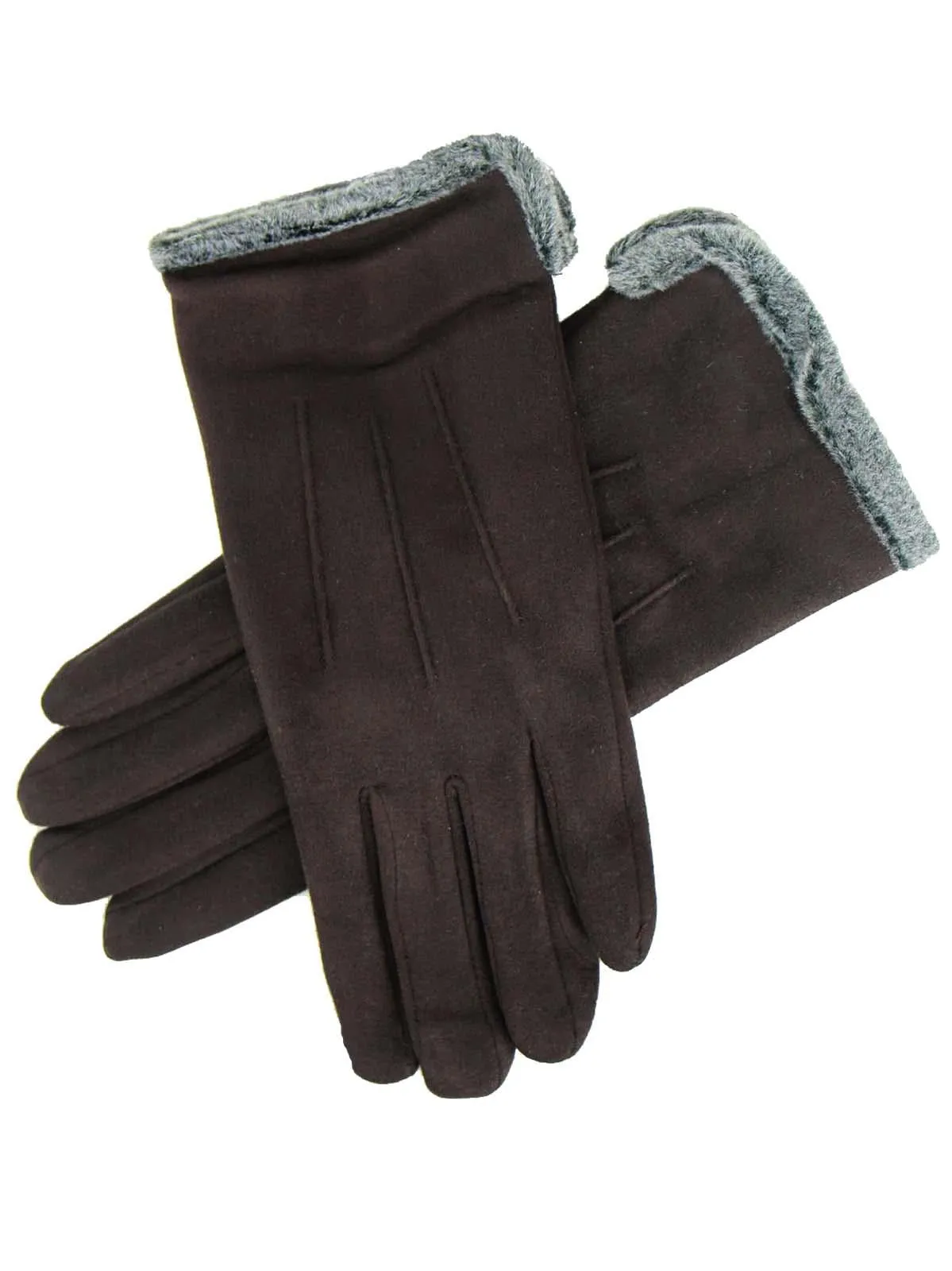 Brown Vintage Style Faux Suede Fur Trim Gloves