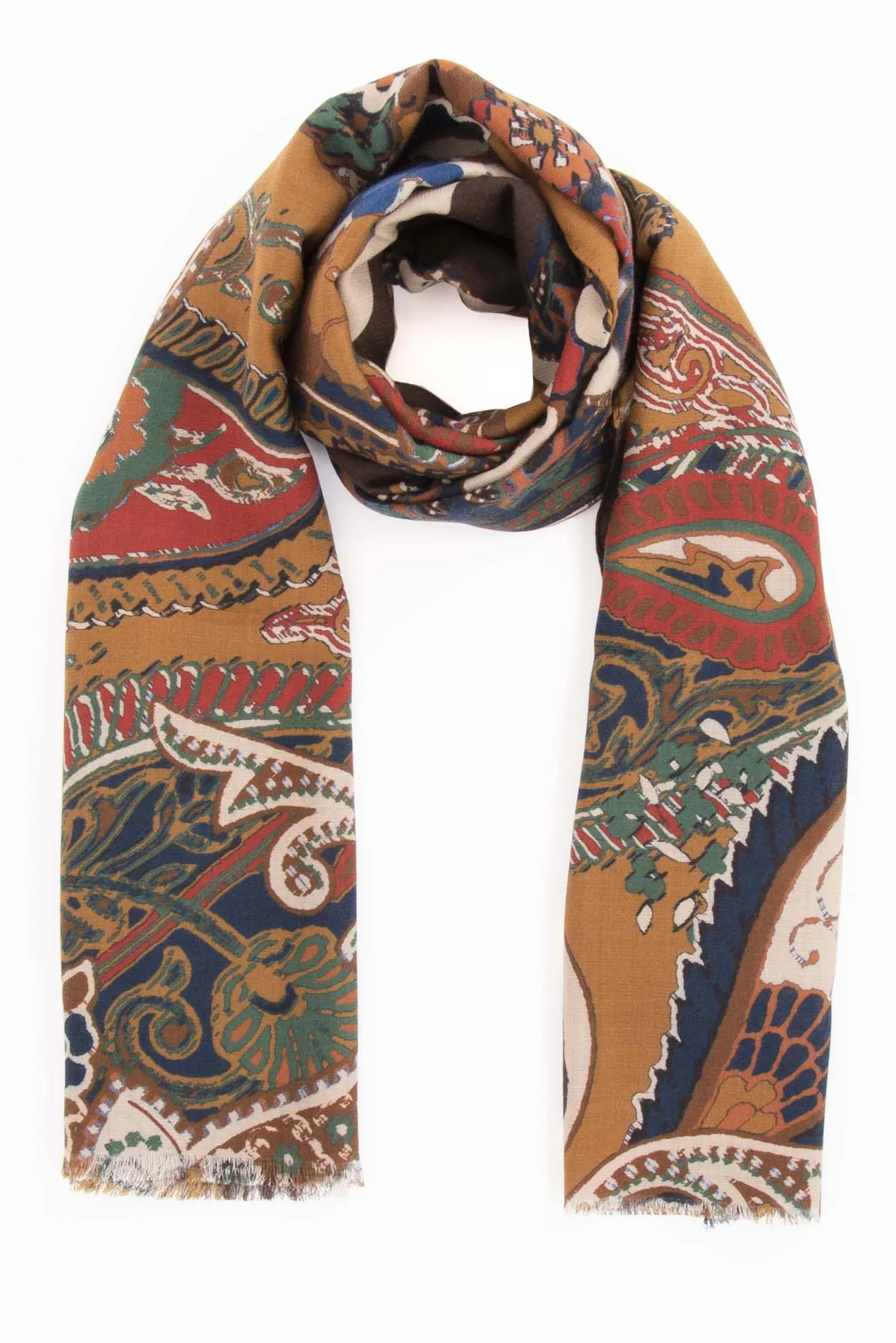 Camel Brown Pure Italian Wool & Ultra Soft Silk Paisley Scarf