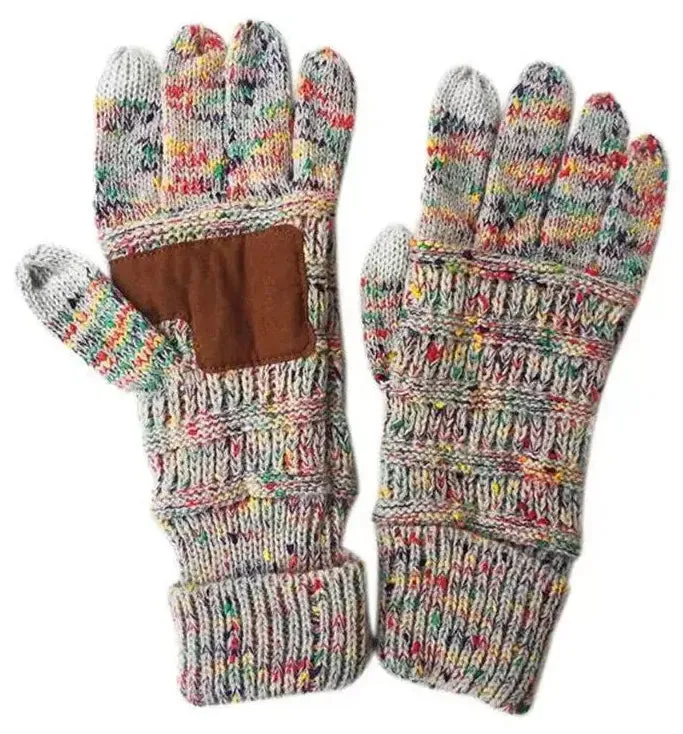 CC cable knit touch screen winter gloves with faux suede anti-slip palm pad