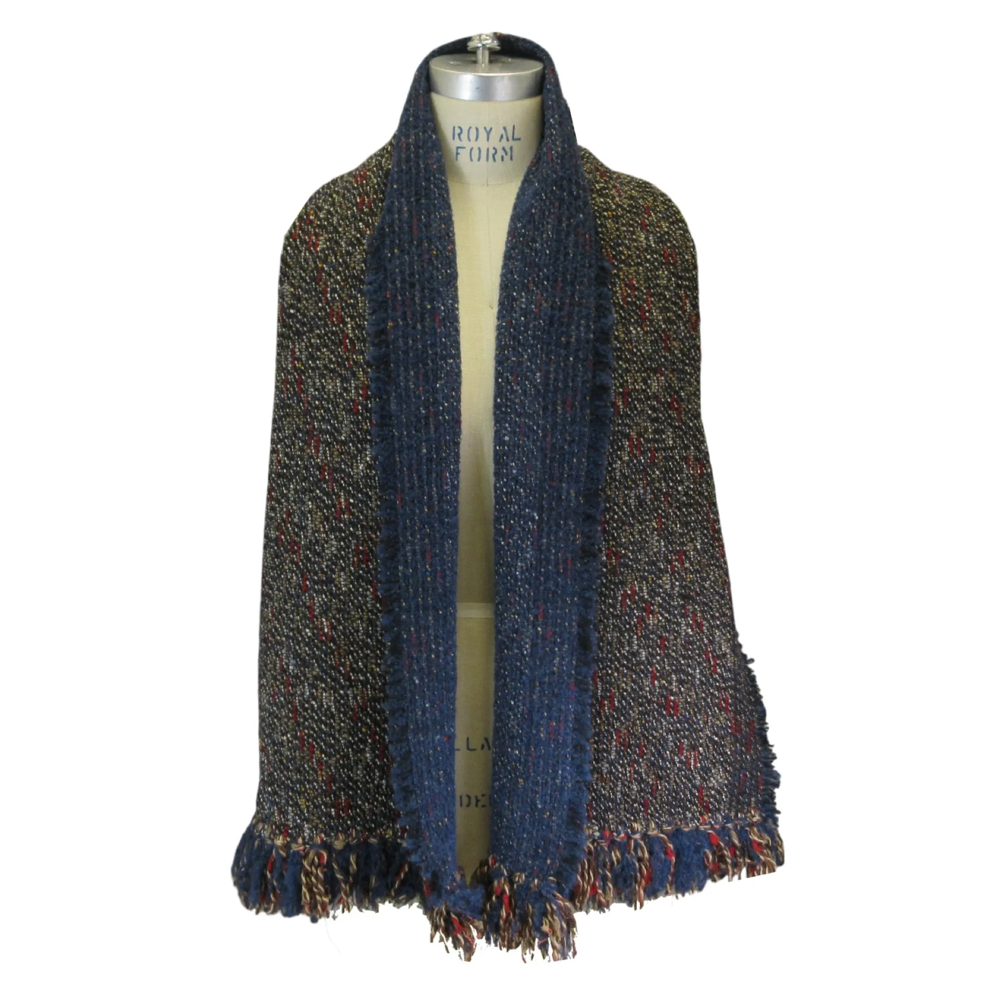 Chanel Blue Multi Fringed Wool Tweed Knit Scarf