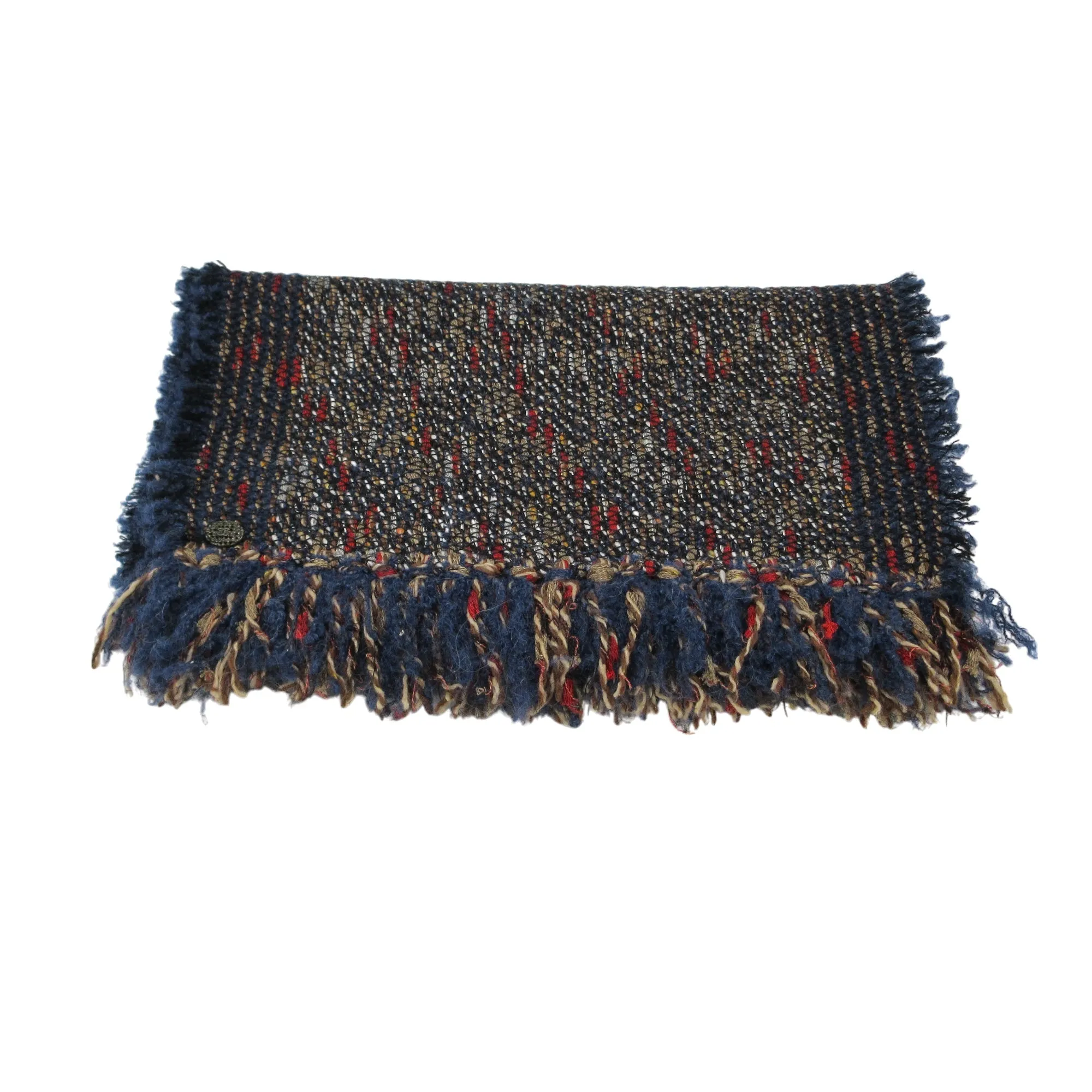 Chanel Blue Multi Fringed Wool Tweed Knit Scarf