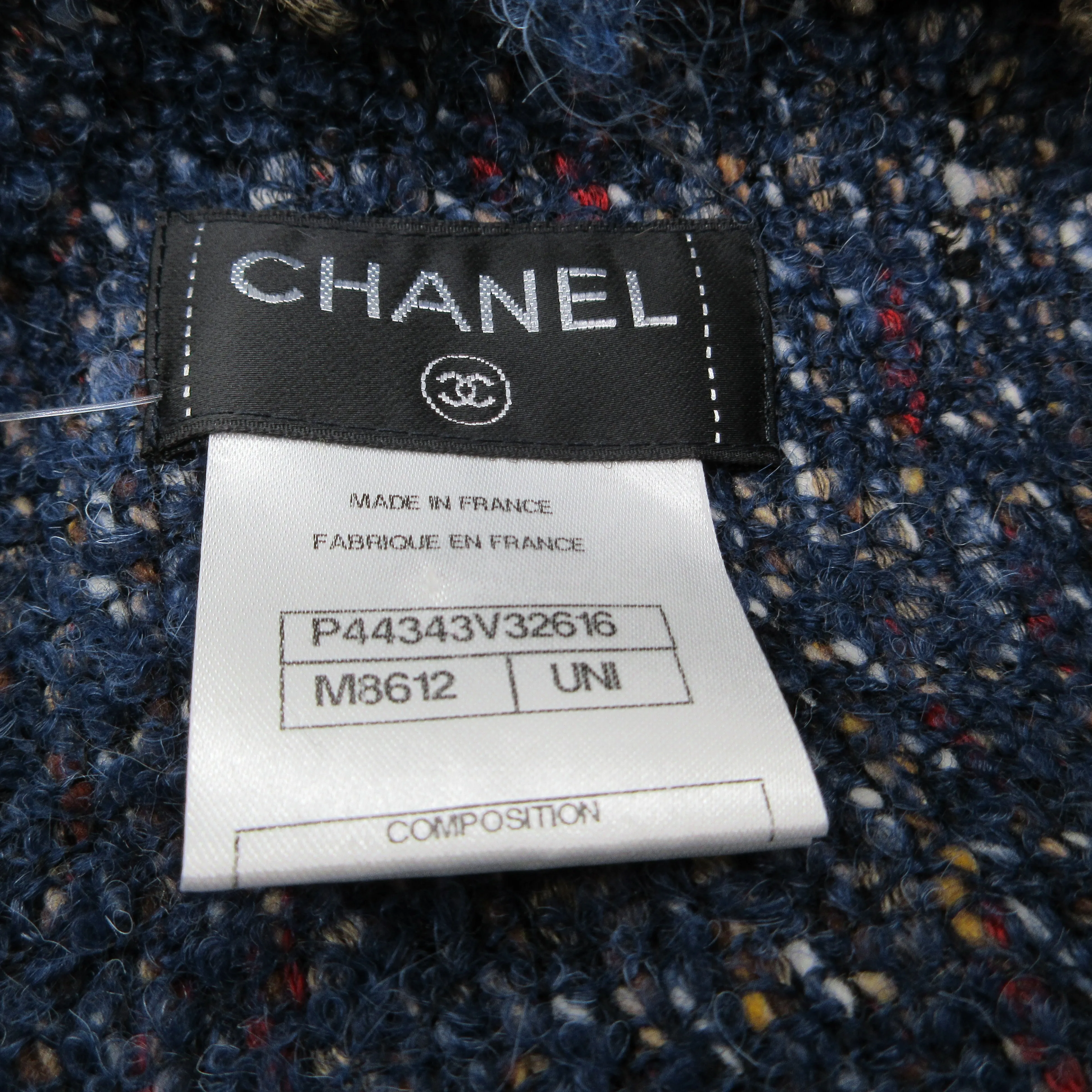 Chanel Blue Multi Fringed Wool Tweed Knit Scarf