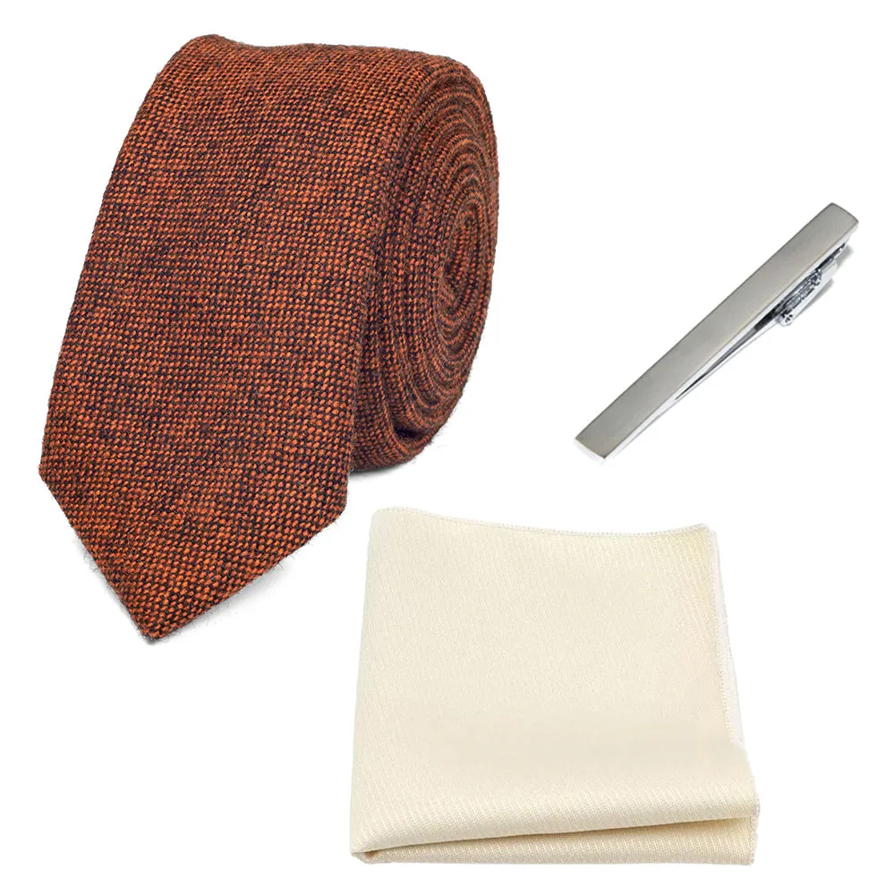 Charlie Burnt Orange Wool Tie, Cream Pocket Square and Silver Tie Pin Set