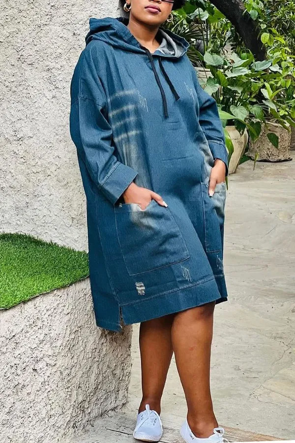 Comfortable Patched Pocket Hooded Denim Dress