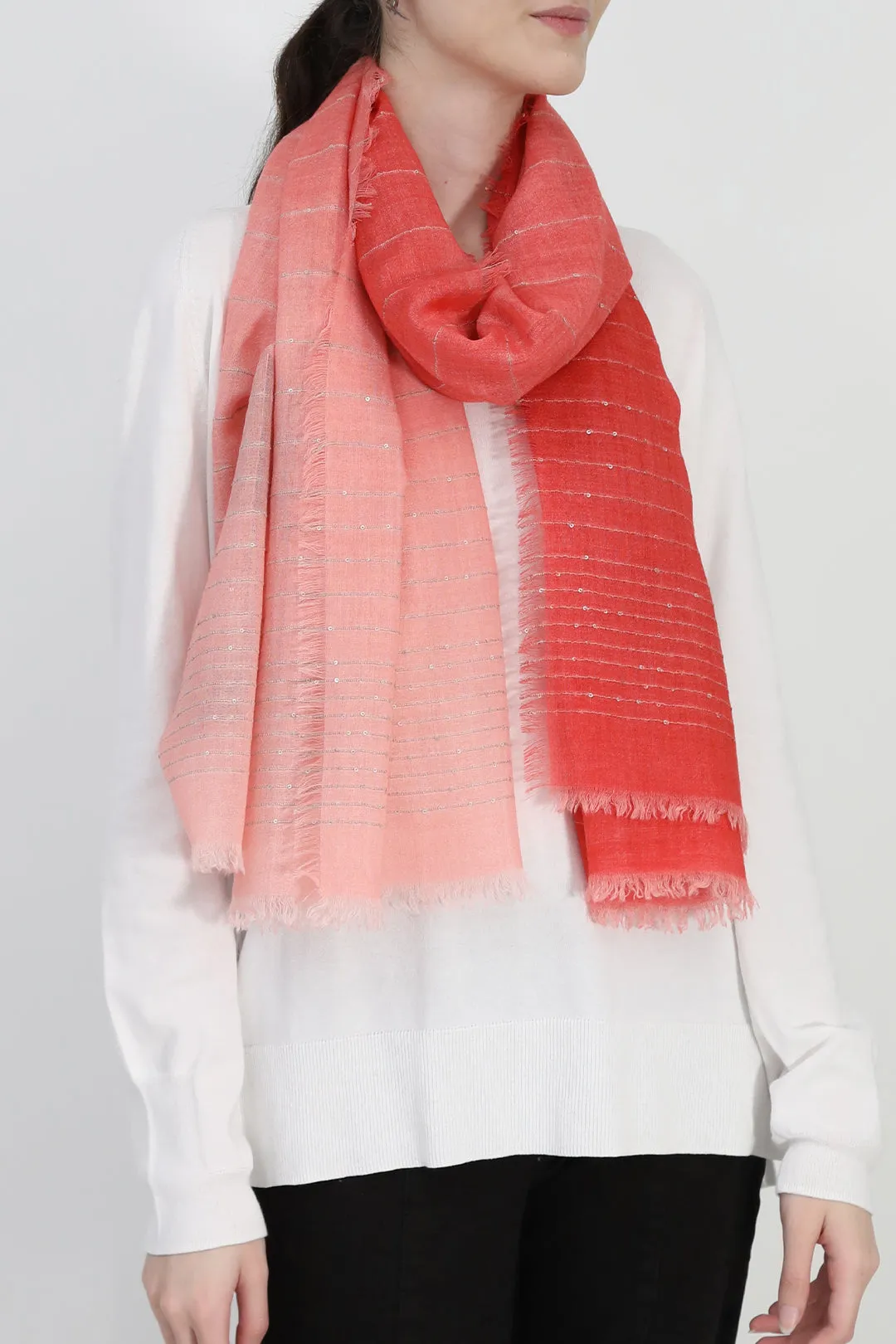 EMBELLISHED SALMON RED ITALIAN CASHMERE SCARF