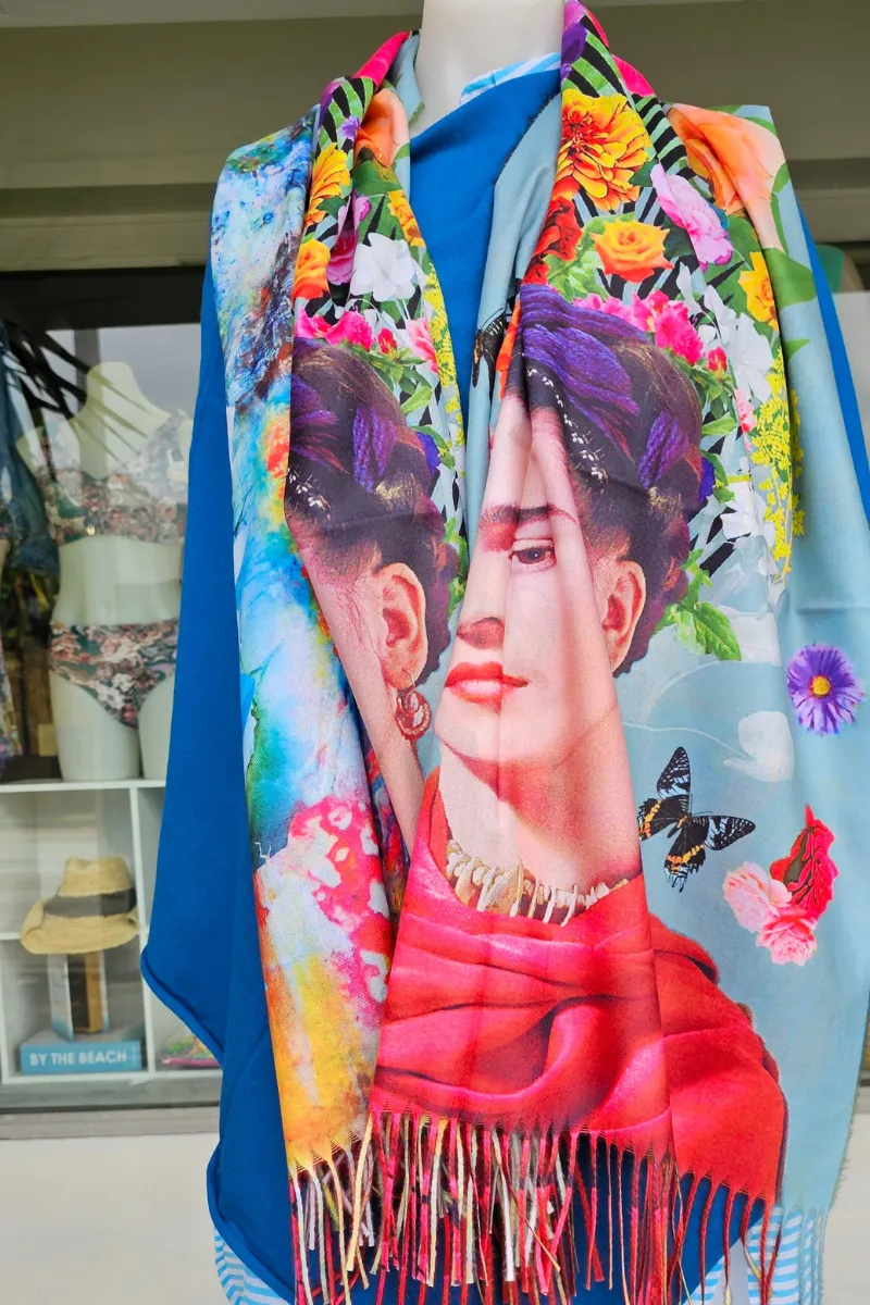 Frida Kahlo Cashmere Flowers In Hair Reversible Scarf