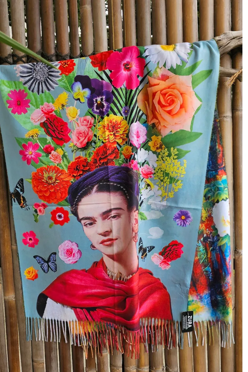 Frida Kahlo Cashmere Flowers In Hair Reversible Scarf