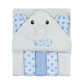 Hudson Baby Hooded Towel and Five Washcloths, Blue Dots Gray Elephant