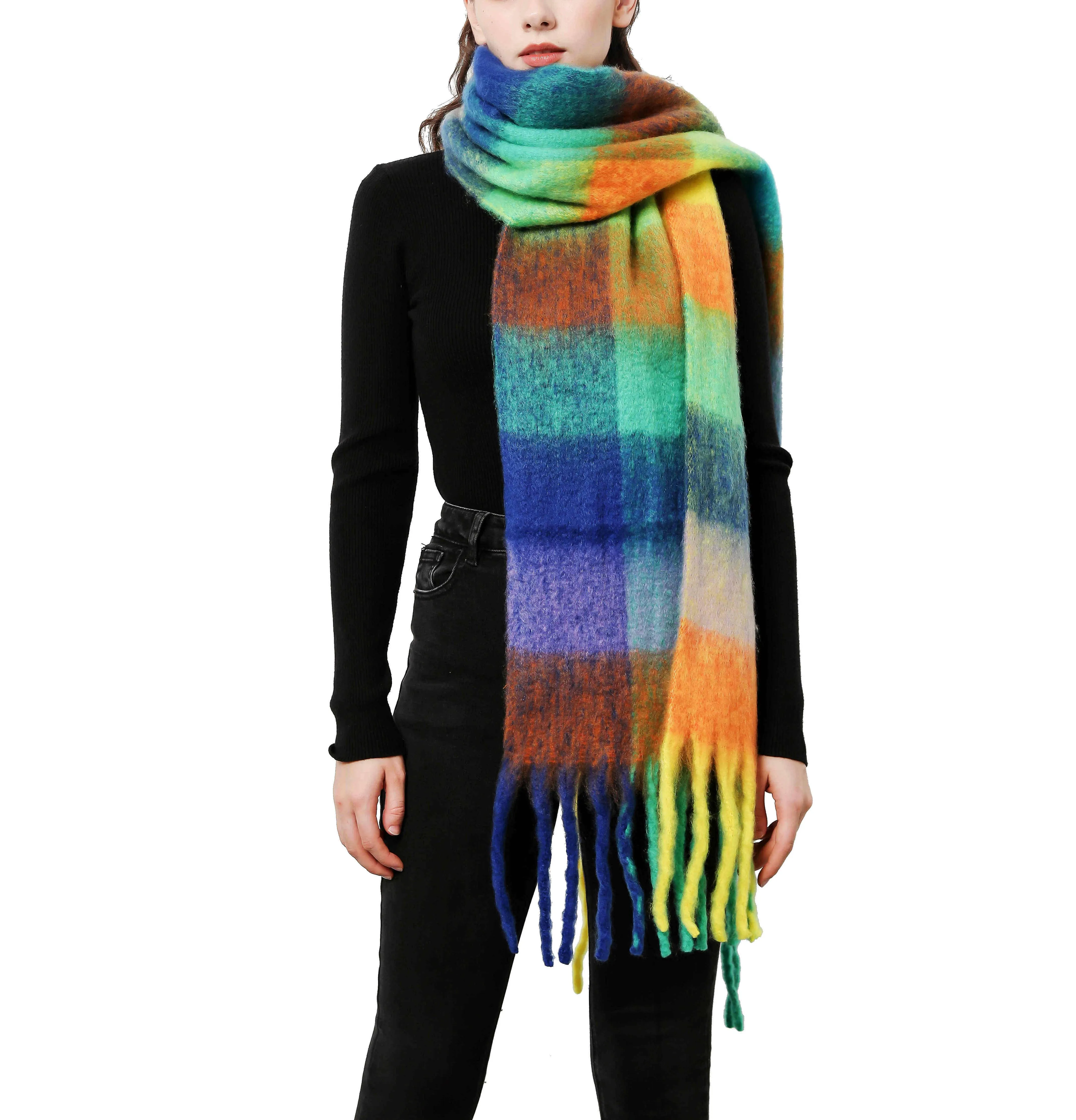 JC SUNNY FASHION Oversized Colorful Cozy Long Fringe Fuzzy Scarf