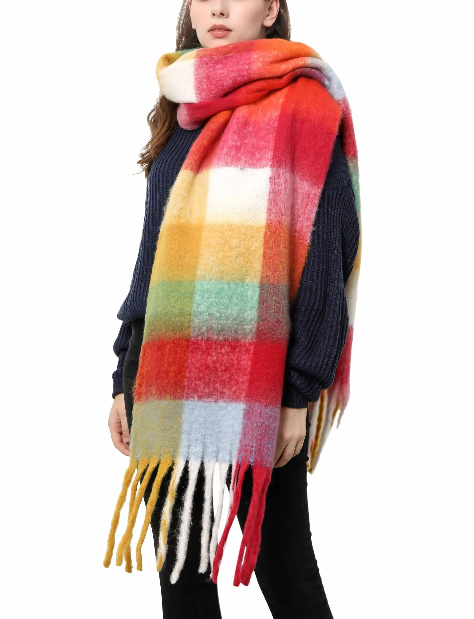 JC SUNNY FASHION Oversized Colorful Cozy Long Fringe Fuzzy Scarf