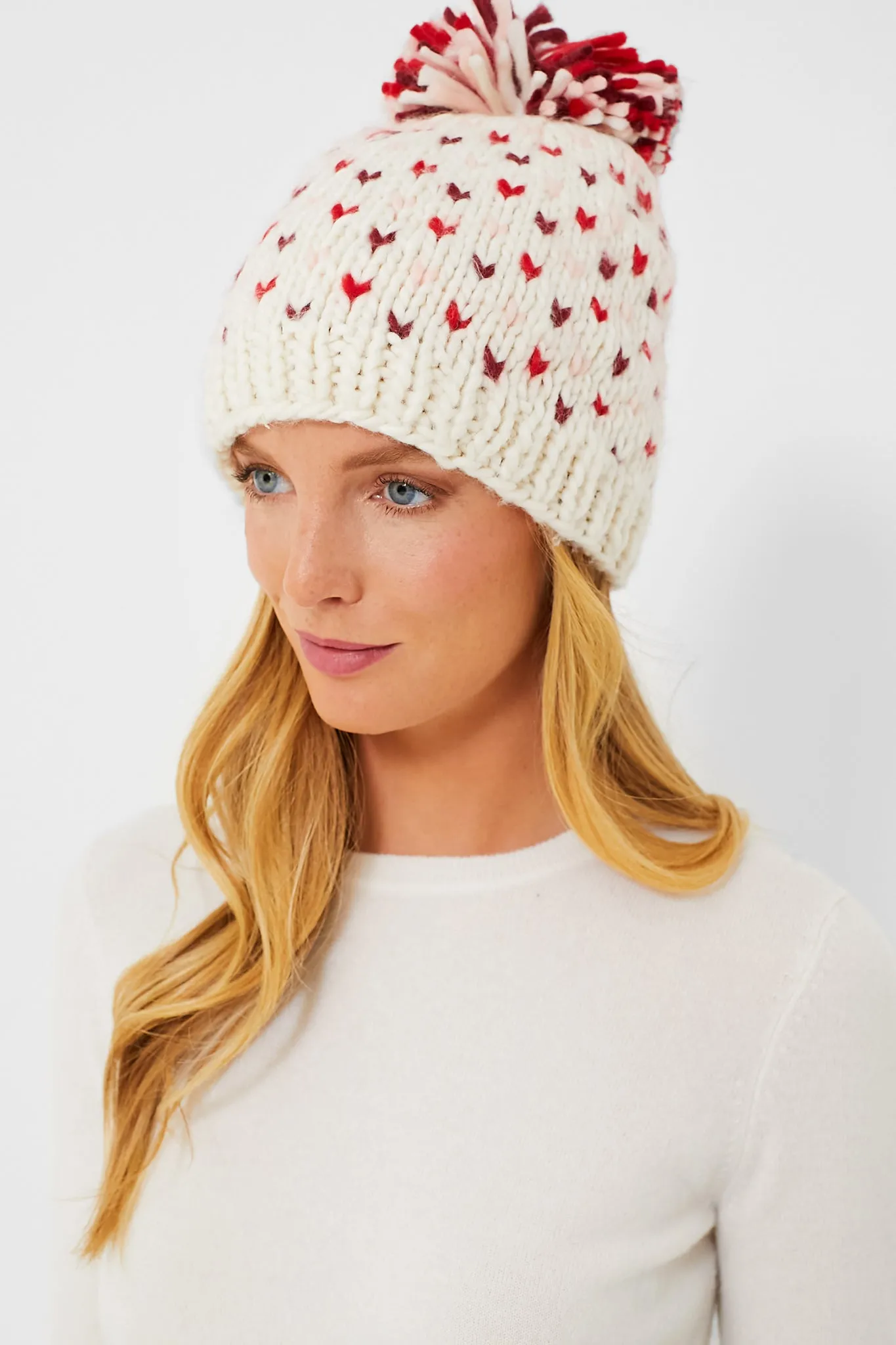 Lollipop Red Hand Knitted Multi Mini Heart Pompom Hat