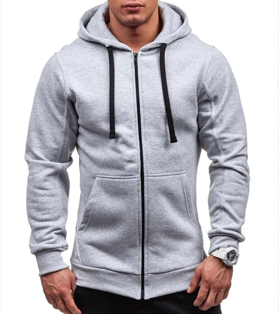 Mens Front Zipper Solid Color Hooded Sweatshirt