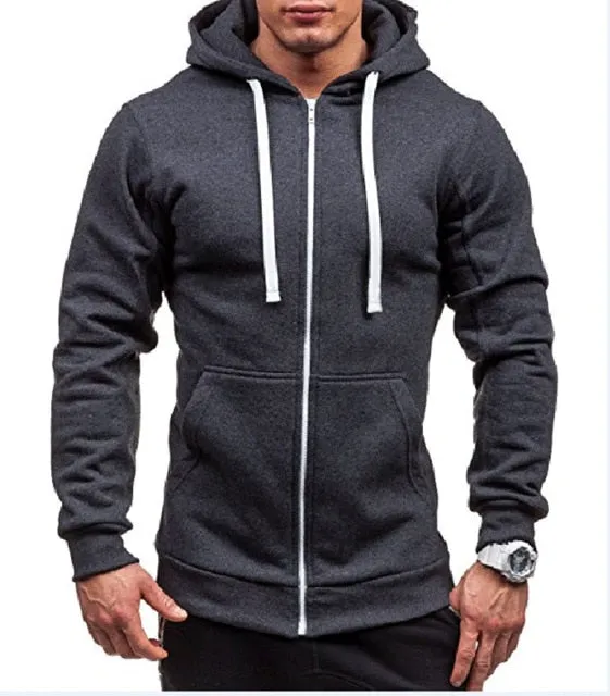 Mens Front Zipper Solid Color Hooded Sweatshirt