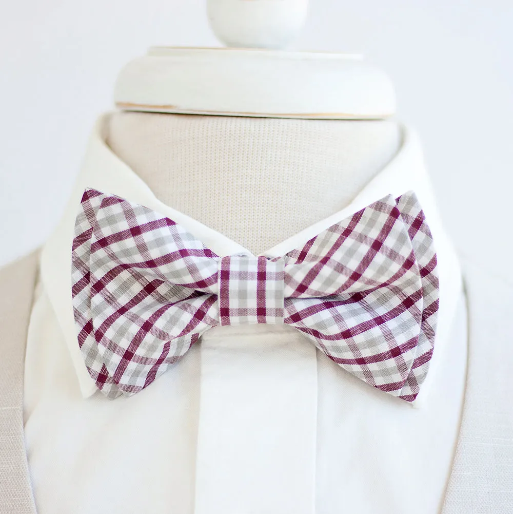 Men's Pre-Tied Bow Tie / Grey And Burgundy Plaid