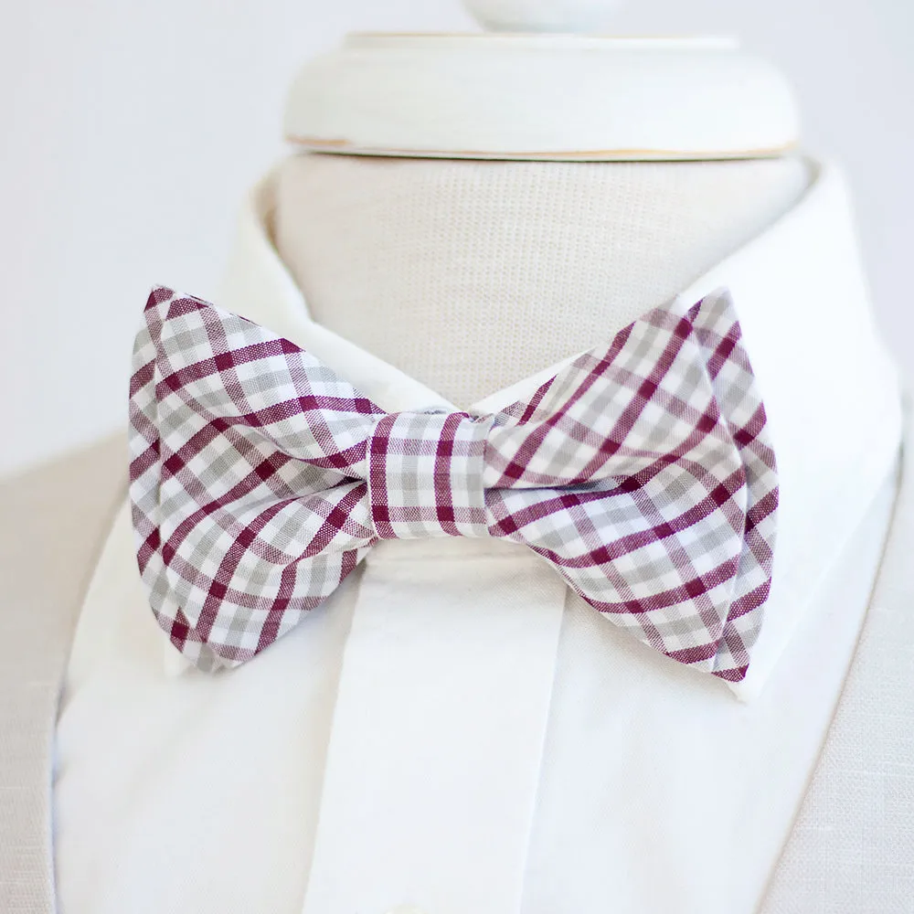 Men's Pre-Tied Bow Tie / Grey And Burgundy Plaid