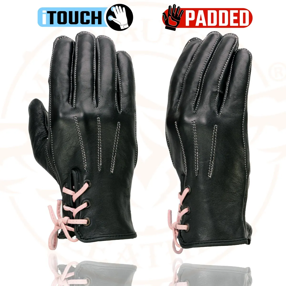 Milwaukee Leather MG7772 Women's Black/ Fuchsia ’I - Touchscreen Compatible’ Laced Wrist Motorcycle Hand Gloves W/ Gel Palm