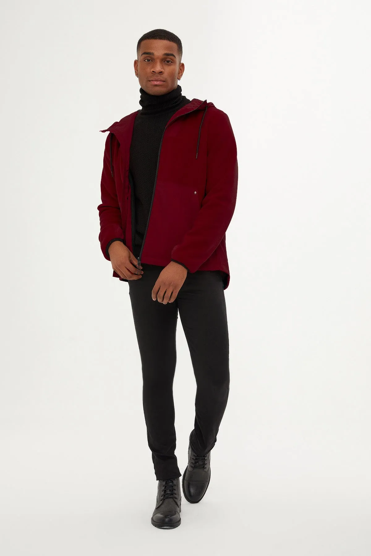 Slim Fit Fleece Polar Casual Burgundy Hooded Coat