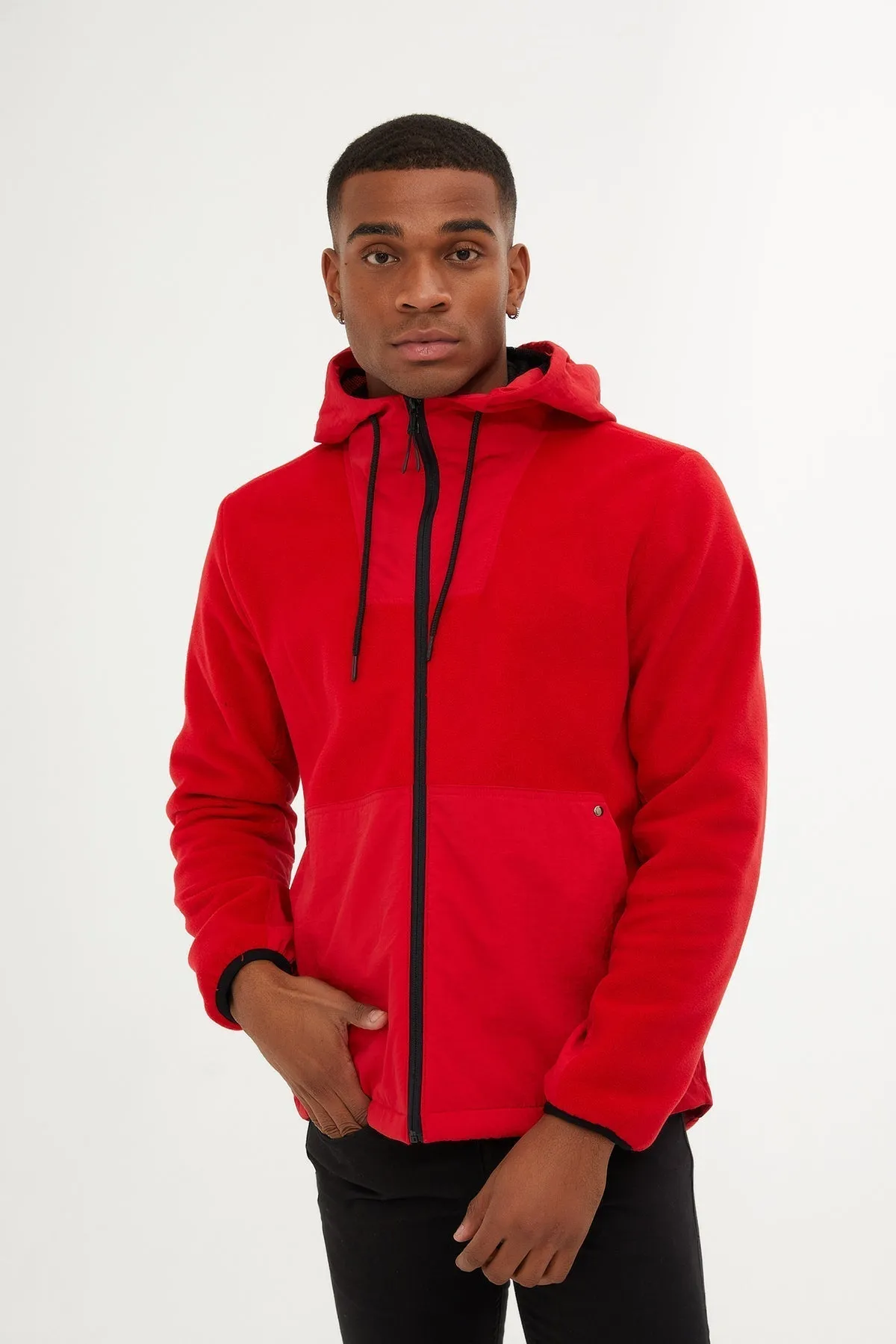 Slim Fit Fleece Polar Casual Red Hooded Coat