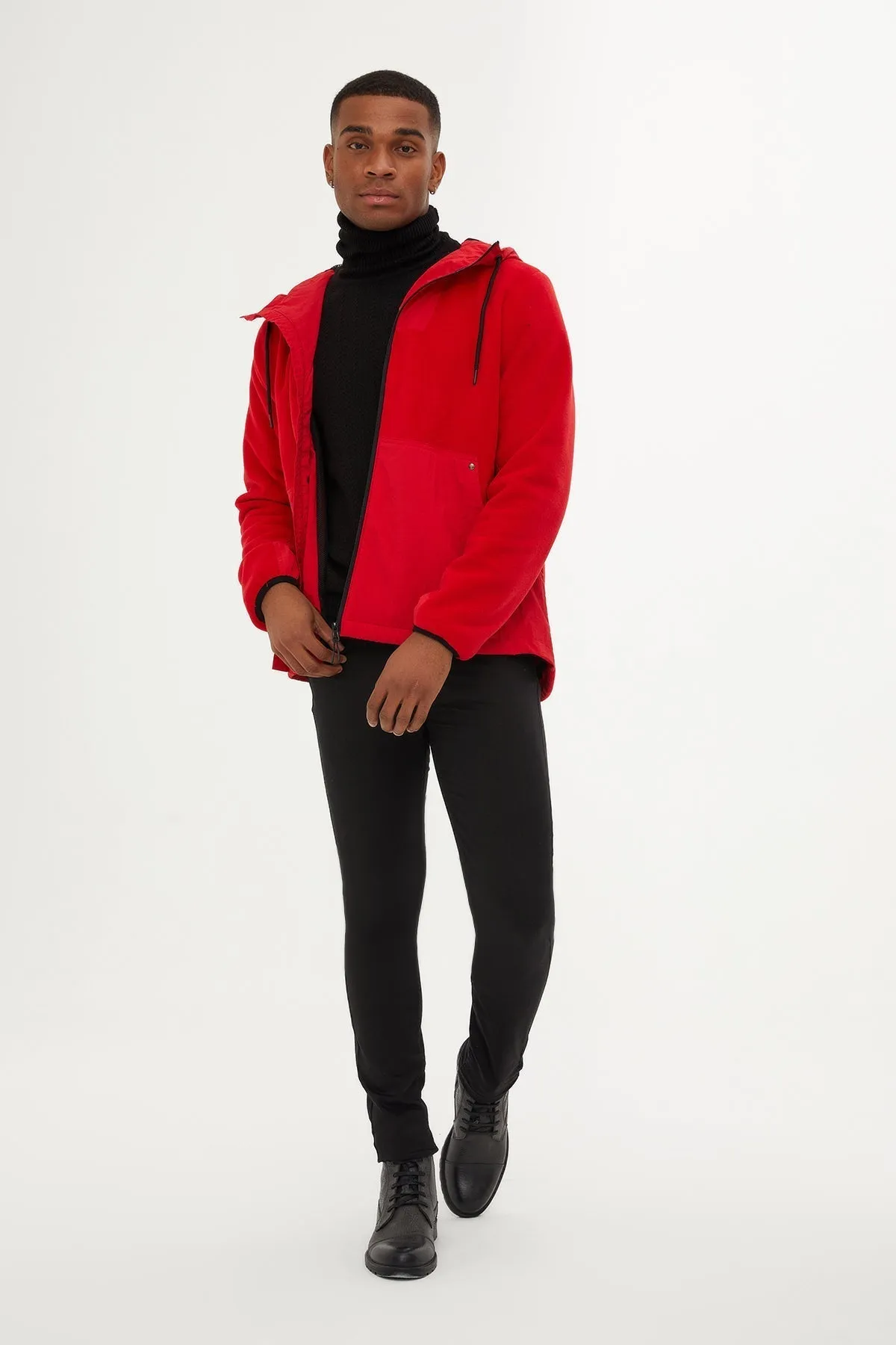 Slim Fit Fleece Polar Casual Red Hooded Coat